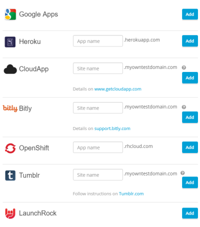 some of our one-click integrations; Google Apps, Bitly, Heroku, CloudApp, Tumblr, LaunchRock, and OpenShift
